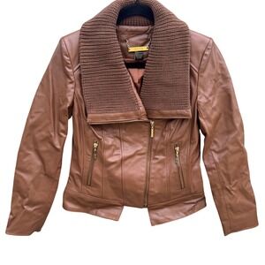 IMAN Womens Cognac Brown Genuine Leather Moto Jacket Knit Collar Gold Zip‎ XS